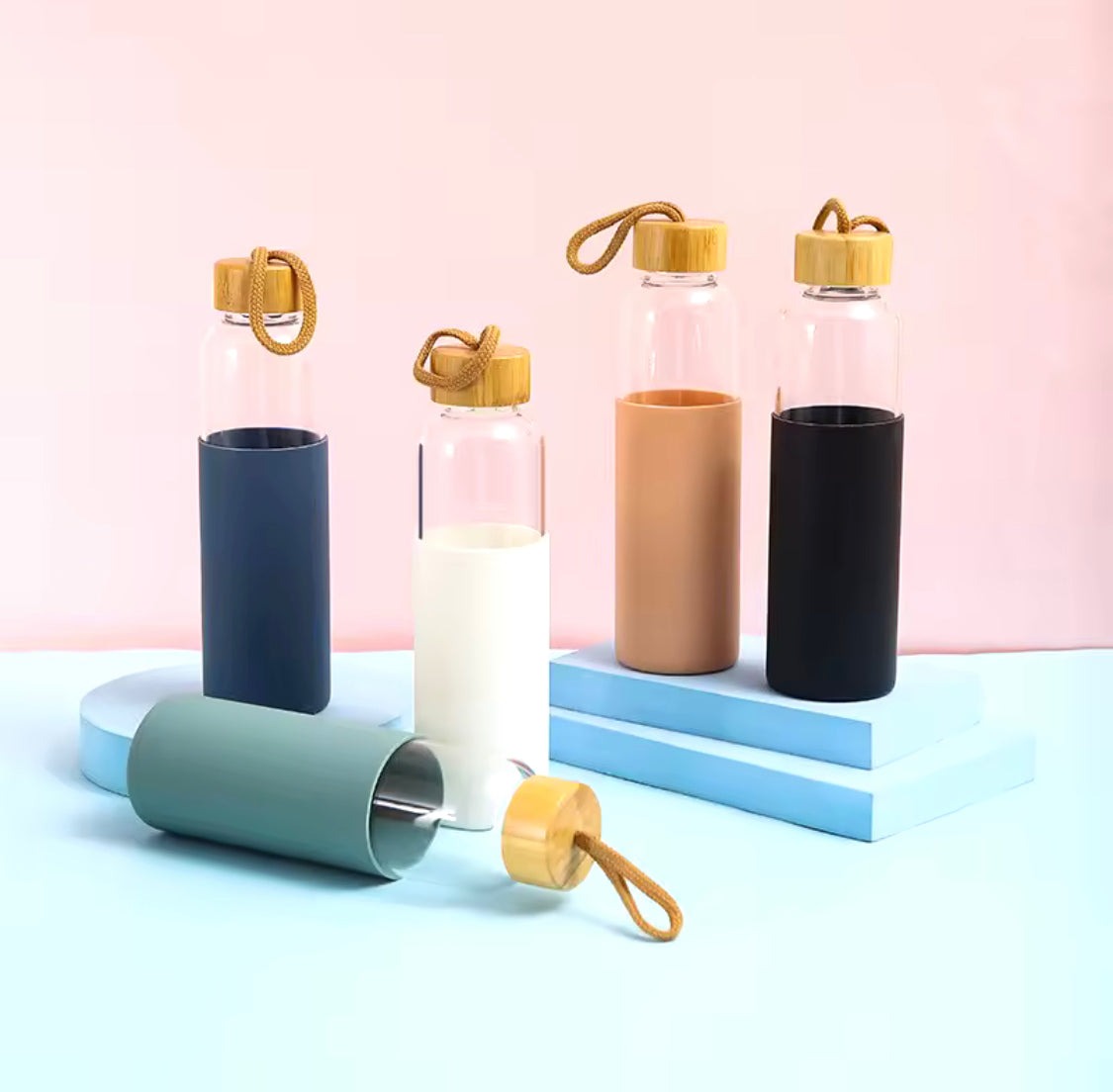 Glass Water Bottle With Wooden Cap & Silicone Cover