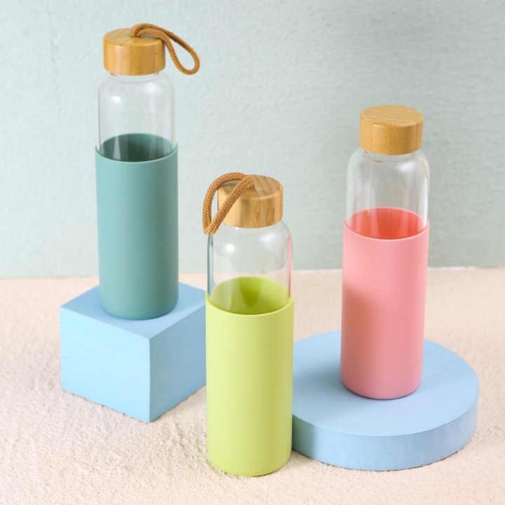 Glass Water Bottle With Wooden Cap & Silicone Cover